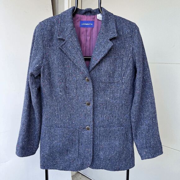 Vintage Liz Claiborne Wool Blend Speckled Blue Tweed Blazer, SZ 12 NWOT - Picture 1 of 9